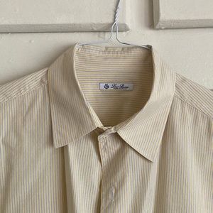 Loro Piana 100% Cotton Pale Yellow and Blue Striped Dress Shirt Made in Italy